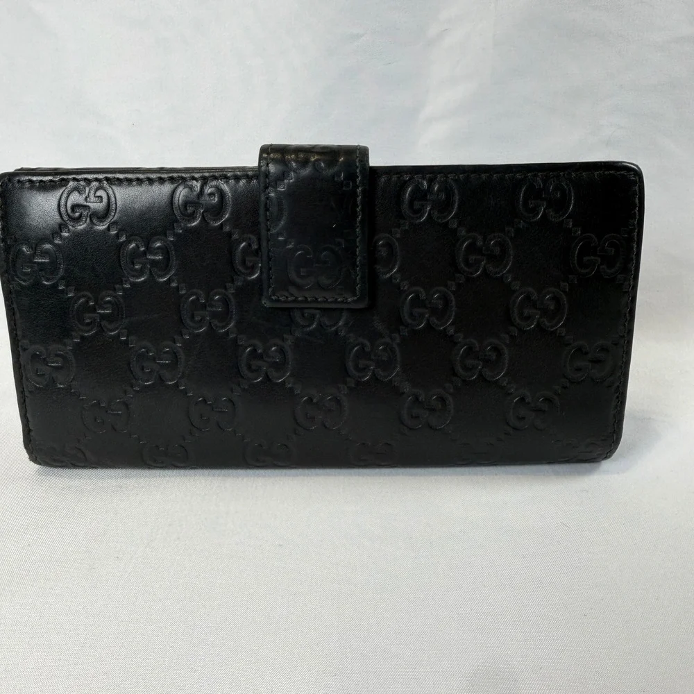 Gucci Guccissima Continental Wallet Womens OS Black Leather Bifold Gold Plate